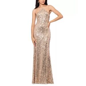 AQUA FORMAL Women's Sequin Cutout Back Gown Size 2 Rose Gold Halter NWT